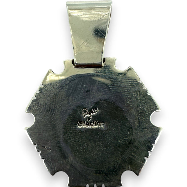 Ray Jack Signed Navajo Native American 925 Sterling Silver Round Pendant with Mixed Inlay Stones Including Turquoise, Malachite, Onyx, Mother of Pearl, and Spiny Oyster