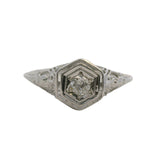 Antique 1920s Art Deco Solid 18kt White Gold Filigree Hexagon Ring with Transitional Cut Diamond Size 9