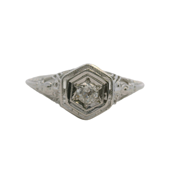 Antique 1920s Art Deco Solid 18kt White Gold Filigree Hexagon Ring with Transitional Cut Diamond Size 9