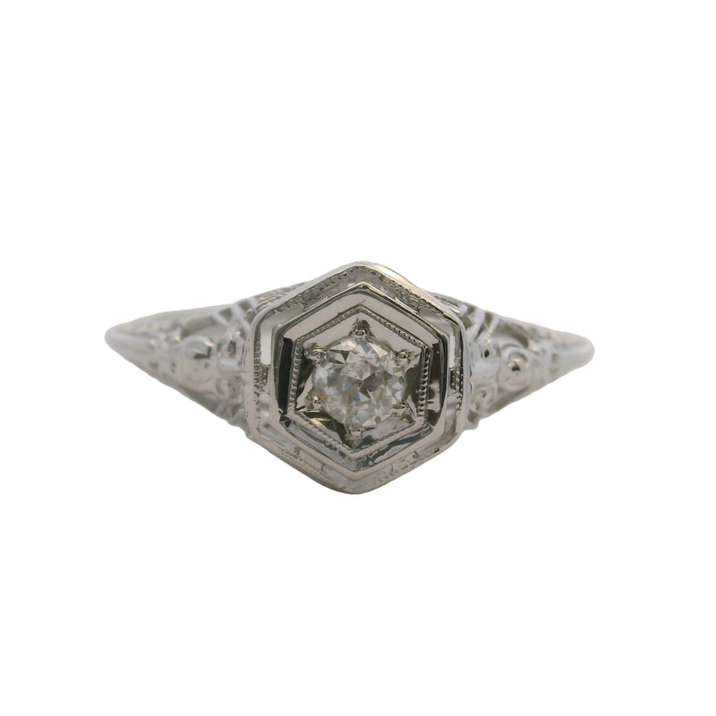Antique 1920s Art Deco Solid 18kt White Gold Filigree Hexagon Ring with Transitional Cut Diamond Size 9