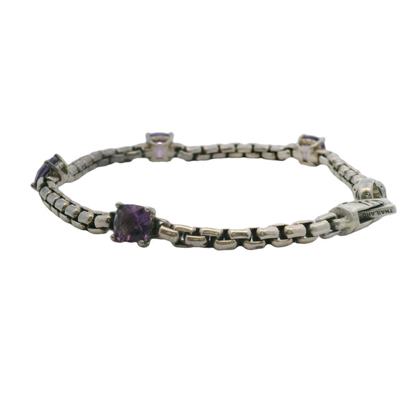 Jai 925 Sterling Silver Box Chain 8" 4 Amethyst Station Bracelet Made In Thailand
