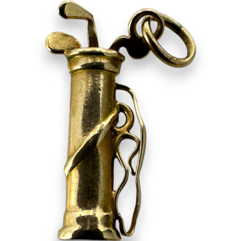 Vintage Golf Club Caddy Sports Charm with Three Clubs Pendant Solid 14kt Yellow Gold