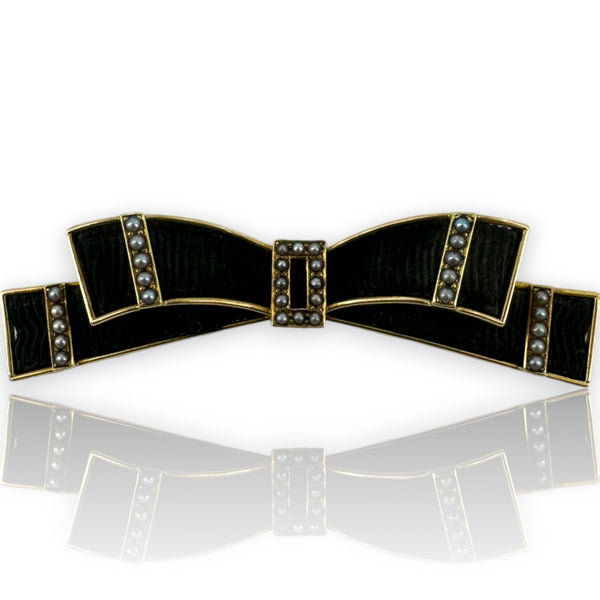 Antique Late Victorian 14kt Yellow Gold, Seed Pearl, and Hair Mourning Brooch made by Hedges & Co