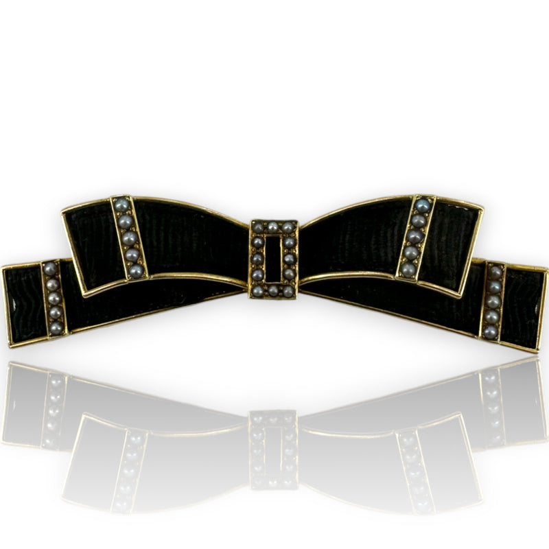 Antique Late Victorian 14kt Yellow Gold, Seed Pearl, and Hair Mourning Brooch made by Hedges & Co