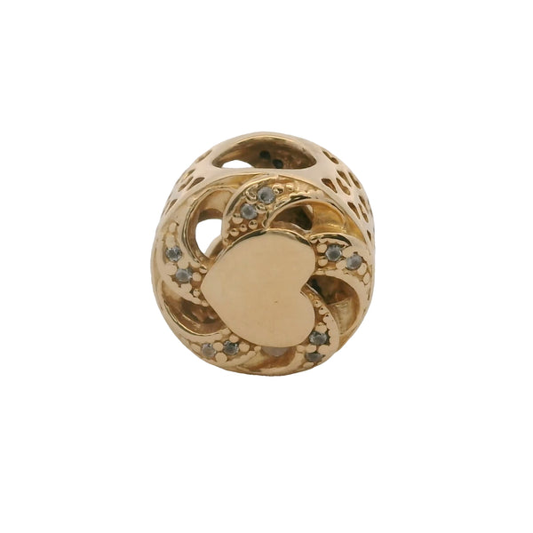 Charm deslizante con espaciador de corazón de cinta de oro amarillo sólido de 14 kt y circonitas (retirado de Pandora)