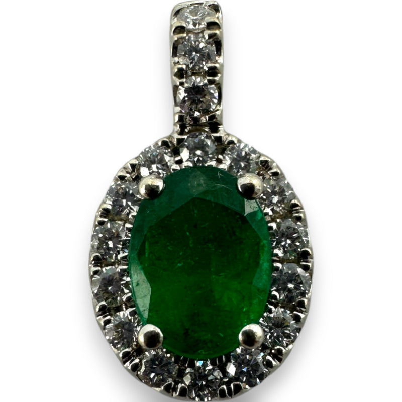 Colgante de esmeralda IDGC con halo de diamantes en oro blanco de 18 kt