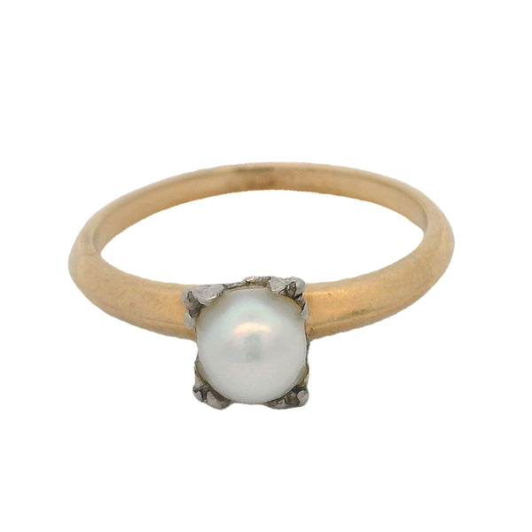 Vintage 1950s Akoya Pearl Solitaire Knife's Edge Ring in 14kt Yellow Gold Size 6.5