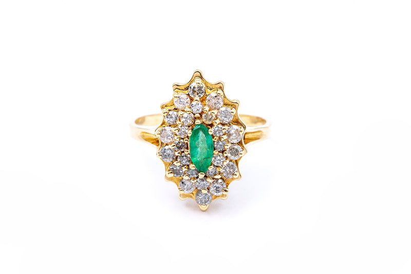 Natural Emerald & Diamond Halo Cluster Cocktail 14K 585 Yellow Gold Ring Size 7