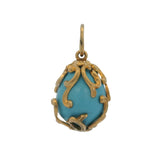 Vintage Solid 14kt Yellow Gold and Turquoise Decorated Scroll Egg Necklace Pendant