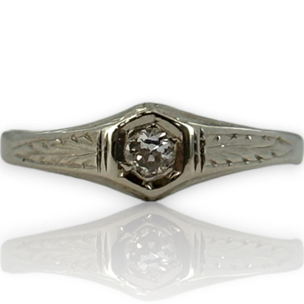 Antique Art Deco 1920s 14kt White Gold Handmade Hexagon Set Diamond Solitaire Ring