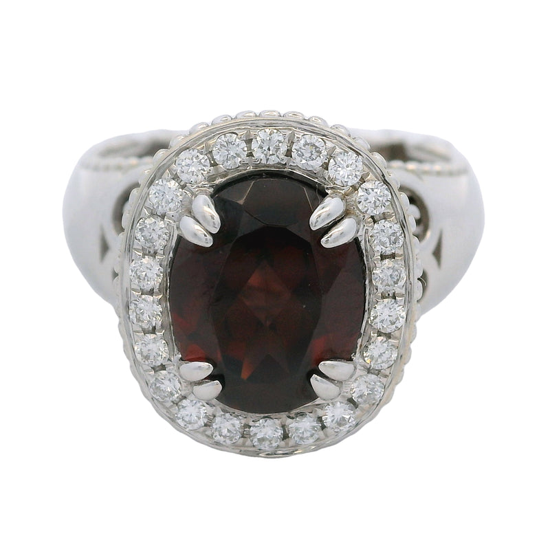 14kt White Gold 2.6ct Oval Garnet Solitaire Cocktail Swirl Ring With Diamond Halo Size 7