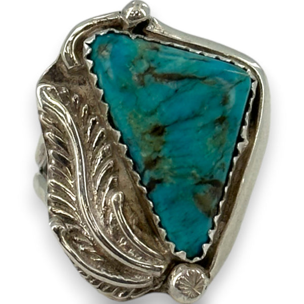 Glen Feszcher Native American 925 Sterling Silver and Turquoise Feather Motif Ring Size 5.5