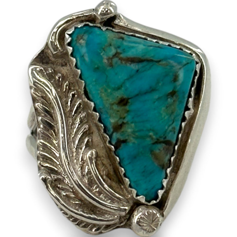 Glen Feszcher Native American 925 Sterling Silver and Turquoise Feather Motif Ring Size 5.5