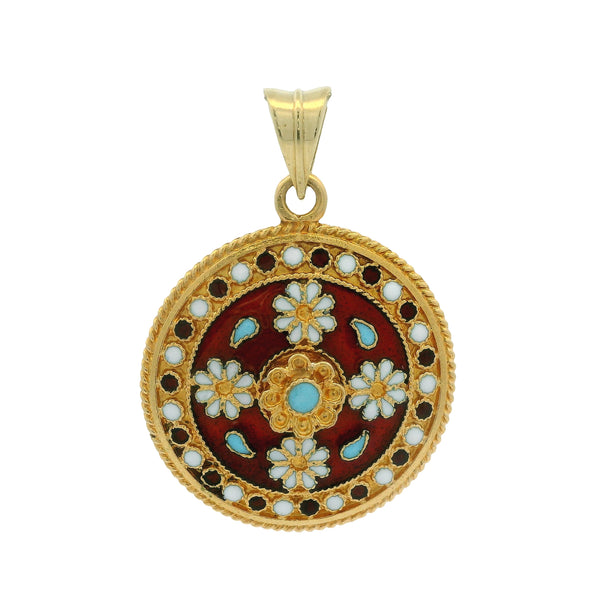Solid 18kt Yellow Gold and Colored Enamel Byzantine Inspired Floral Circle Pendant