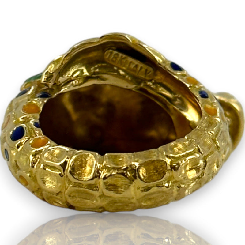 Vintage 1970s-80s 18kt Yellow Gold and Painted Enamel Lizard/Snake/Dragon Wrap Statement Ring Size 4 Made in Italy