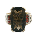 Solid 925 Sterling Silver, Smokey Quartz, and Garnet Filigree Cocktail Ring Size 5.5