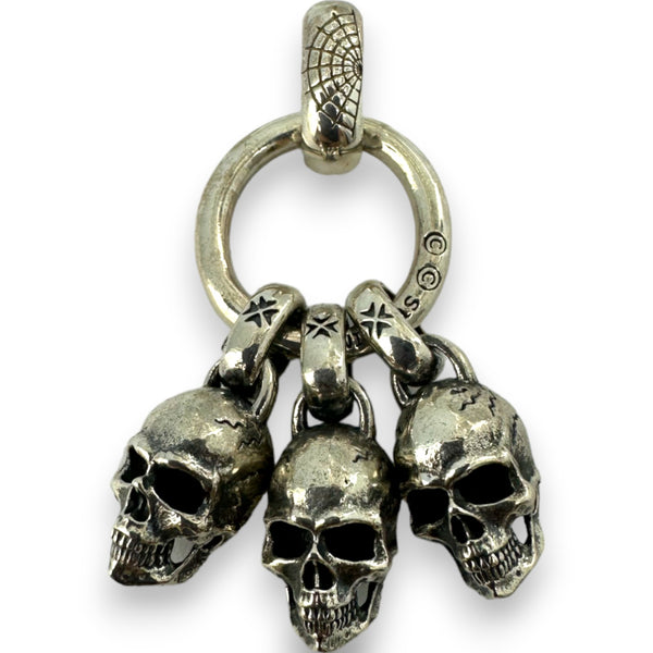 Triple Skulls Dangle Charm Pendant with Spiderweb Detail 925 Sterling Silver