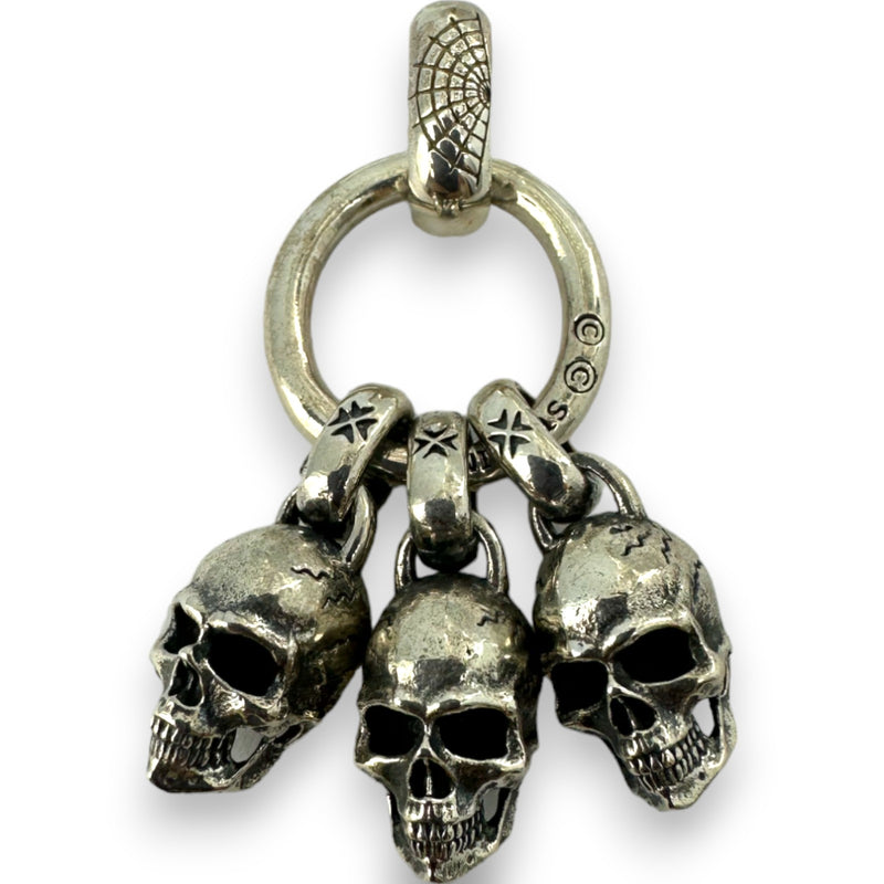 Triple Skulls Dangle Charm Pendant with Spiderweb Detail 925 Sterling Silver