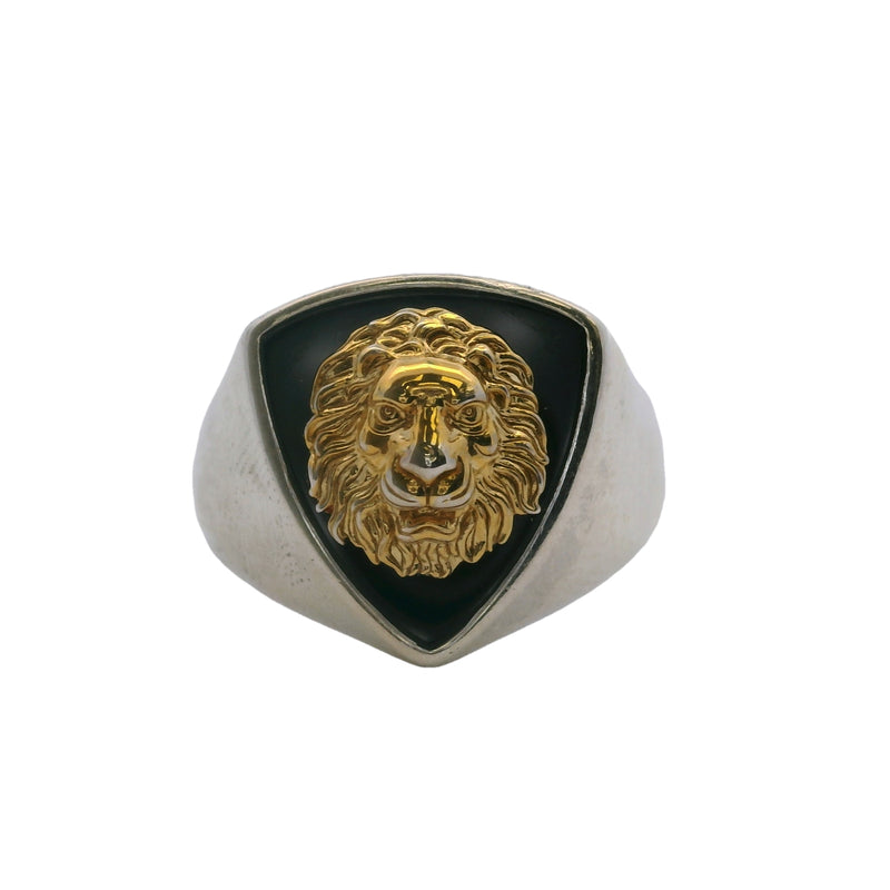 Anillo EFFY con cabeza de león para hombre en plata de ley y baño de oro de 18 kt con ónix, talla 10