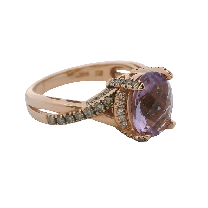 Le Vian 14kt Rose Gold Twist Band Checkerboard Amethyst Solitaire Ring with Diamonds Size 7