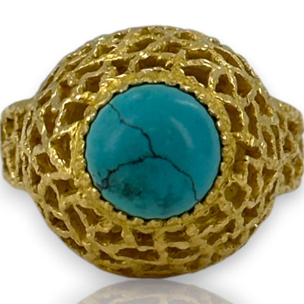 Vintage 1970-80s18kt Yellow Gold Openwork Hammered Finish Cocktail Ring with Cabochon Turquoise Size 8