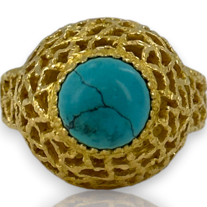Vintage 1970-80s18kt Yellow Gold Openwork Hammered Finish Cocktail Ring with Cabochon Turquoise Size 8
