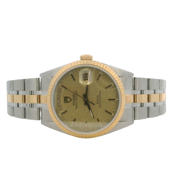 Tudor 1997 Prince Date Day 76213 36mm Linen Dial Two Tone Gold Watch