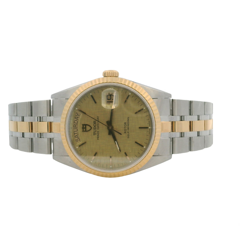 Tudor 1997 Prince Date Day 76213 36mm Linen Dial Two Tone Gold Watch