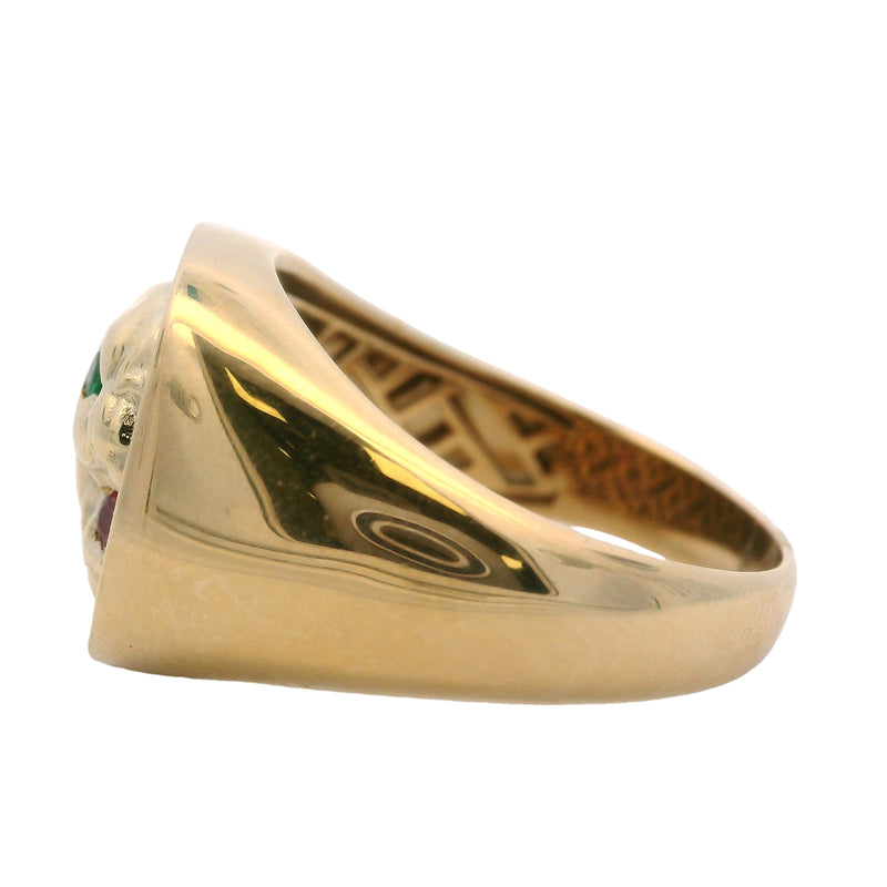 Retired EFFY 14kt Yellow Gold Panther Signet Ring with Emerald and Ruby Size 10