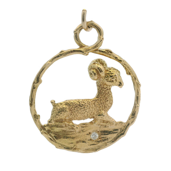 Vintage Merrin Solid 18kt Yellow Gold and Diamond Aries Zodiac Ram Astrology Pendant