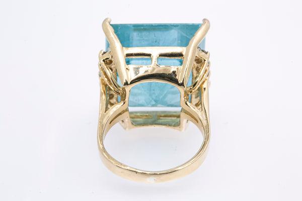 Vintage 1970-80s Solid 14kt Yellow Gold Cocktail Ring with Large 16.7mm Square Step-Cut Aquamarine and 12 Accent Diamonds Size 5.5