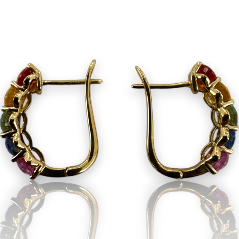 LALI Jewels 14kt Yellow Gold Snap Closure Huggie Earrings with Rainbow of Multi-Colored Sapphires