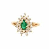 Vintage Solid 14kt Yellow Gold Pear-Cut Emerald Cocktail Ring with Double Halo of Diamonds Size 6