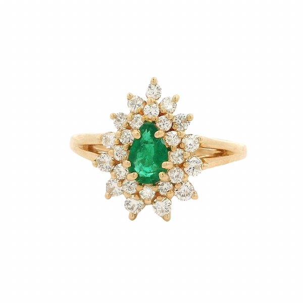 Vintage Solid 14kt Yellow Gold Pear-Cut Emerald Cocktail Ring with Double Halo of Diamonds Size 6