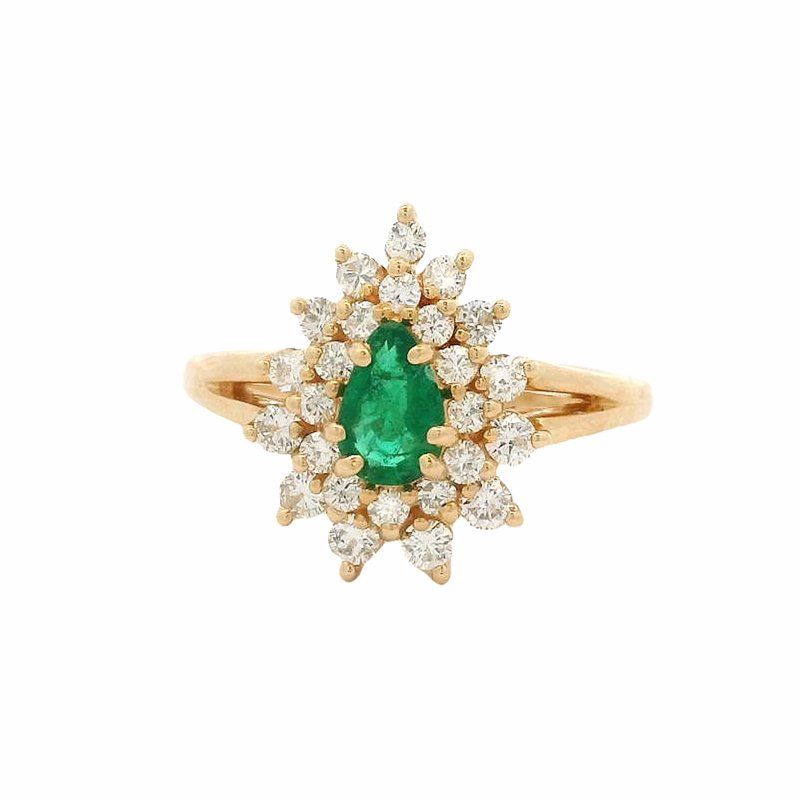 Vintage Solid 14kt Yellow Gold Pear-Cut Emerald Cocktail Ring with Double Halo of Diamonds Size 6