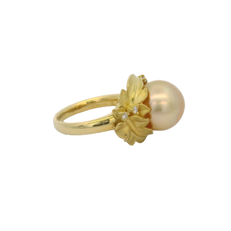 c1960-80s 18kt Yellow Gold 11.6mm South Sea Golden Pearl and Diamonds Leaf Motif Cocktail Ring Size 6