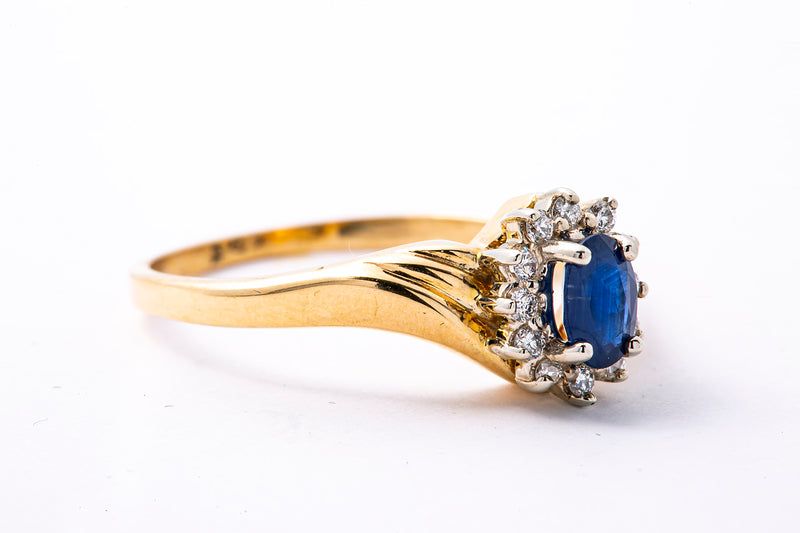 Vintage QG Sapphire & Diamond Halo Accent Band 14K 585 Yellow Gold Ring Size 9 3/4