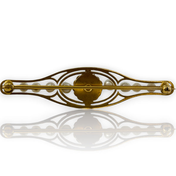 Vintage 1950-60s Victorian Revival 14kt Yellow Gold and Baroque Pearl Bar Brooch Pin