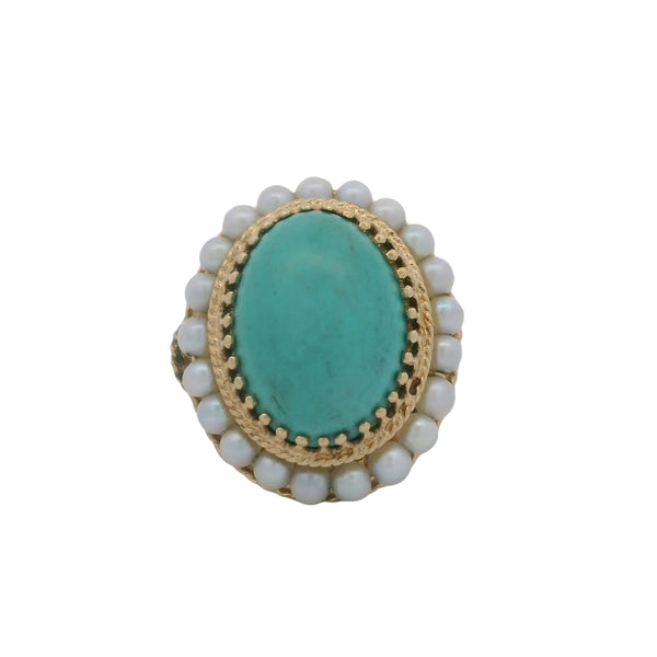Vintage Handmade 14kt Yellow Gold Turquoise Cabochon and Pearl Cocktail Ring Size 6
