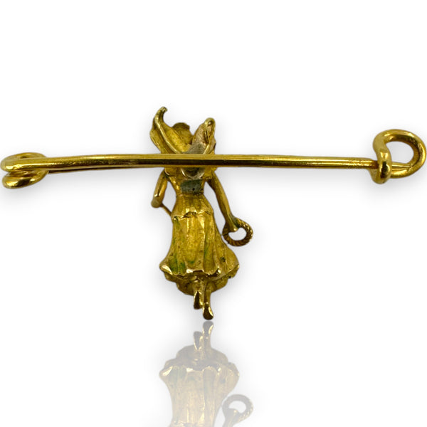 Vintage Solid 18kt Gold Safety/Diaper Pin with Angel of Protection Holding Wreath and Knife