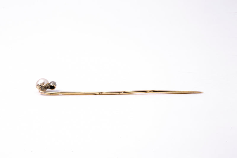 Antique Natural Pearl & Diamond Lapel Pin 14K 585 Yellow & White Gold Brooch
