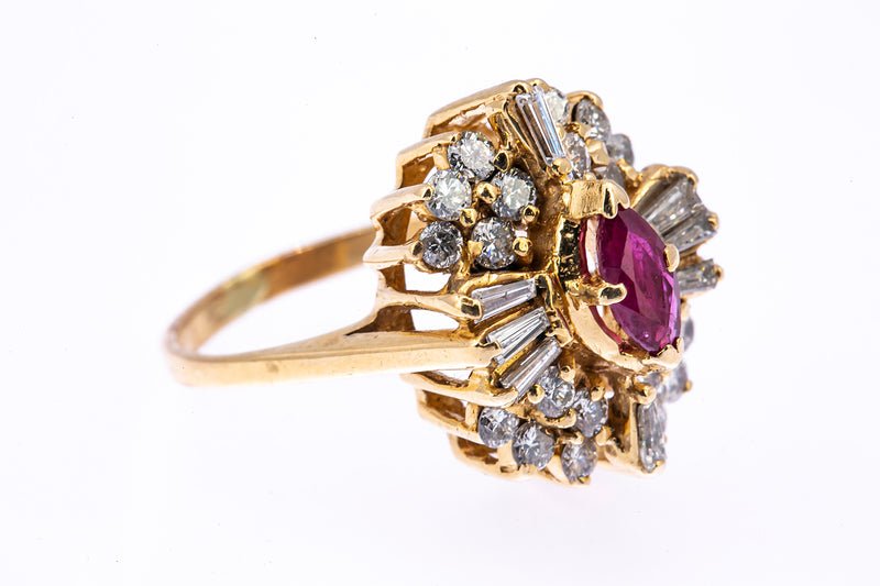 Vintage 1950-70s Natural Ruby Baguette Diamond Cocktail Cluster 14K 585 Yellow Gold Ring Sz 4 3/4