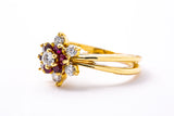 Ruby & Diamond Halo Sunburst 18K 750 Yellow Gold Ring Size 5 1/4