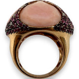 Custom Made Solid 14kt Rose Gold Large Bauble Ring with Simulated Glass Quartz, Lab Rubies, and Diamonds Size 7