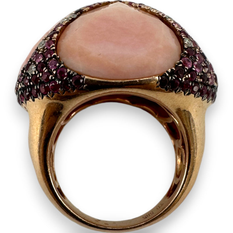 Custom Made Solid 14kt Rose Gold Large Bauble Ring with Simulated Glass Quartz, Lab Rubies, and Diamonds Size 7