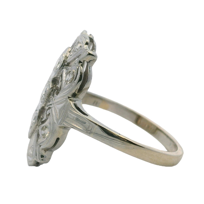 Late 1920s 18kt White Gold and Diamond 19mm Long Milgrain Dinner Ring Size 5