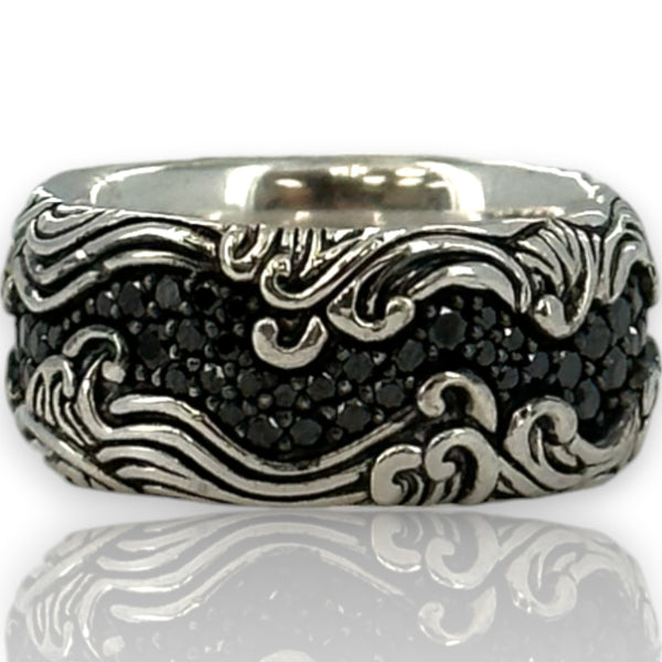 David Yurman DY Waves Collection 925 Sterling Silver Men's Ring with 0.97ctw Pave Black Diamonds Wedding Engagement 9.6mm Band Size 7