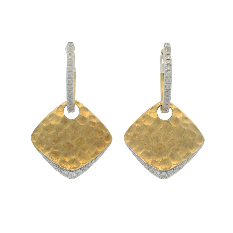 Solid 14kt White and Yellow Gold Reversible Hammered Square Diamond Dangle Snap Earrings