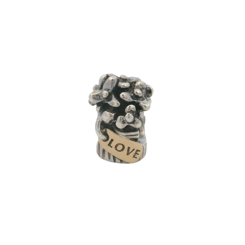 Pandora Retired 925 Sterling Silver and 14kt Yellow Gold Love Flower Bouquet Slider Charm