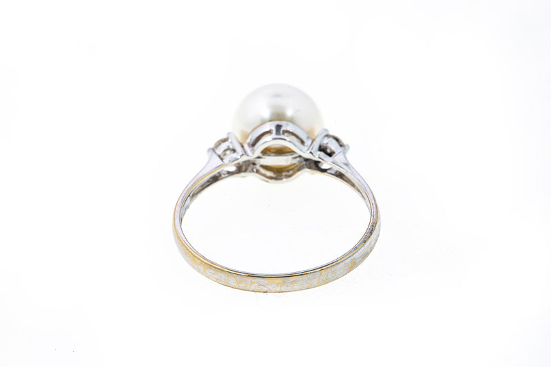 Vintage 1950s Freshwater Pearl 9mm & Diamond Accent Band 14K 585 White Gold Ring Size 7